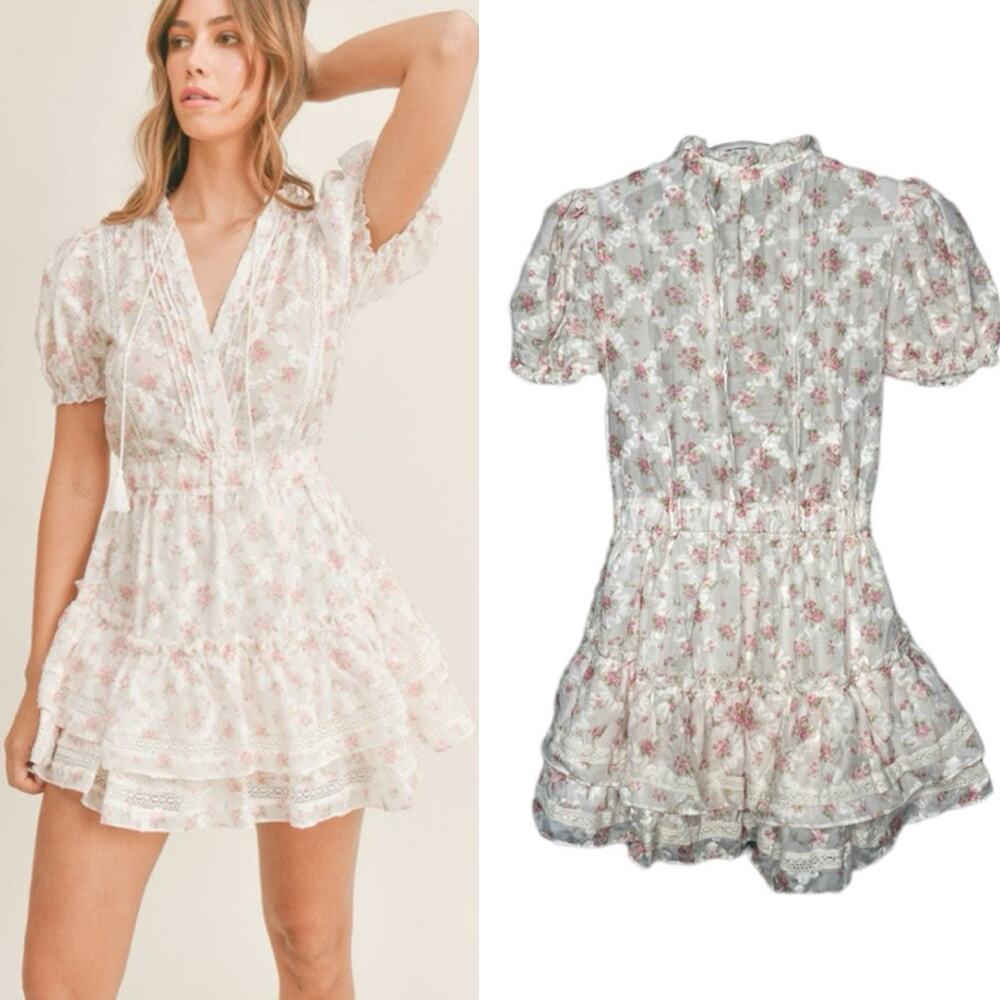 Amable by Mable Lennon White Pink Floral Tiered Mini Dress Size Large NWT 12 oz